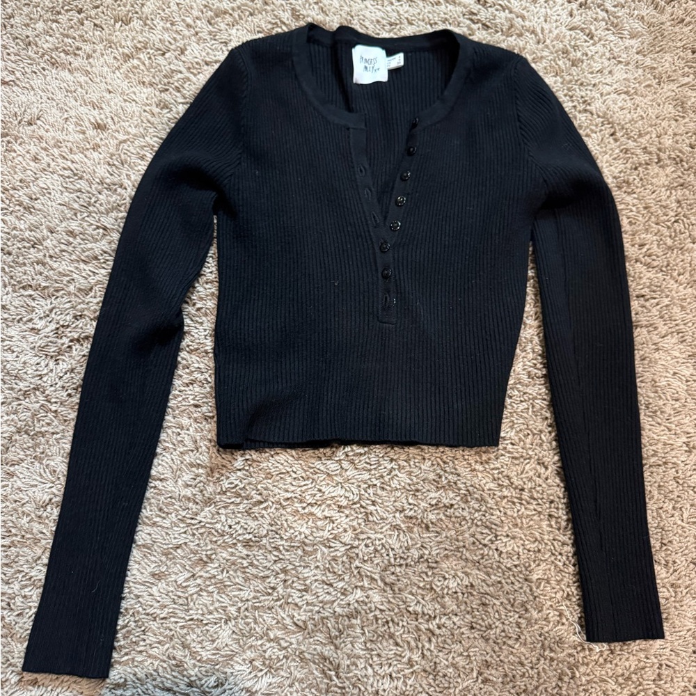 Free People Black Ribbed Long Sleeve Top